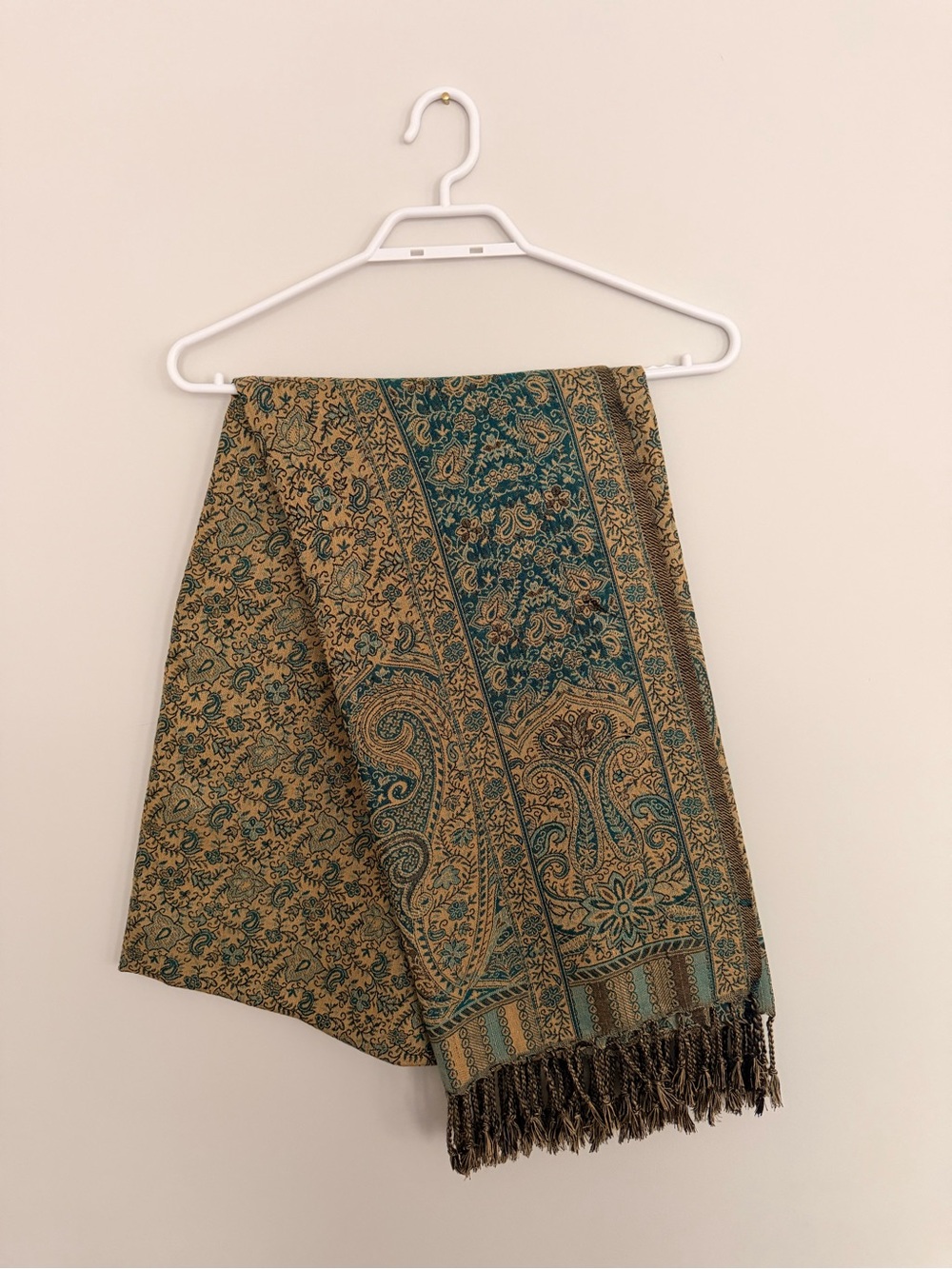 Teal and Gold Paisley Fringed Shawl